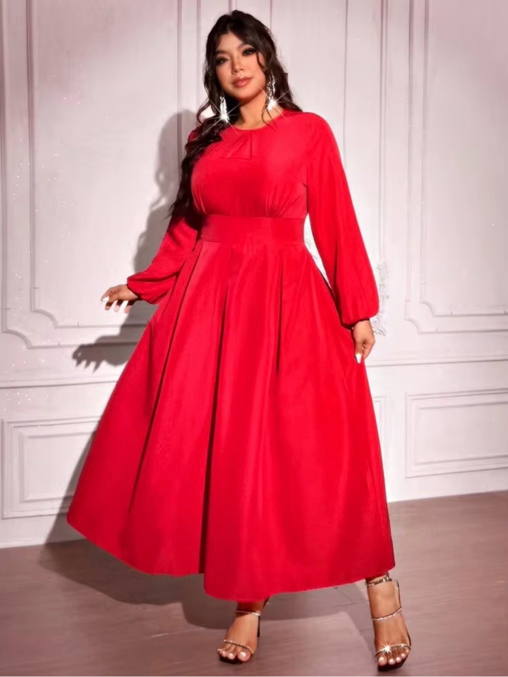 SHEIN Red Long Sleeve Maxi Dress – Fit & Flare Silhouette